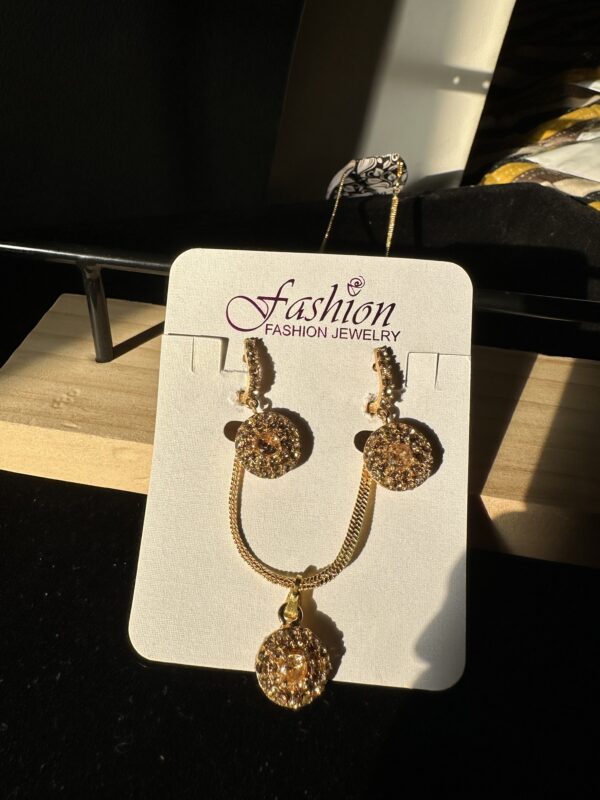 Artificial Set of Dull Gold Pendant & Earrings - Image 2